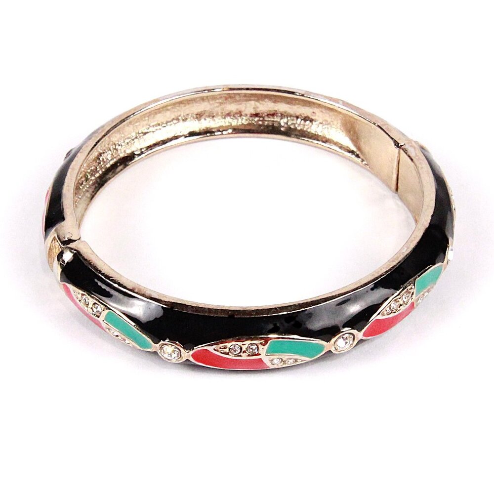 Vintage Black and Gold Cuff Bracelet with Teal & Red Inlay